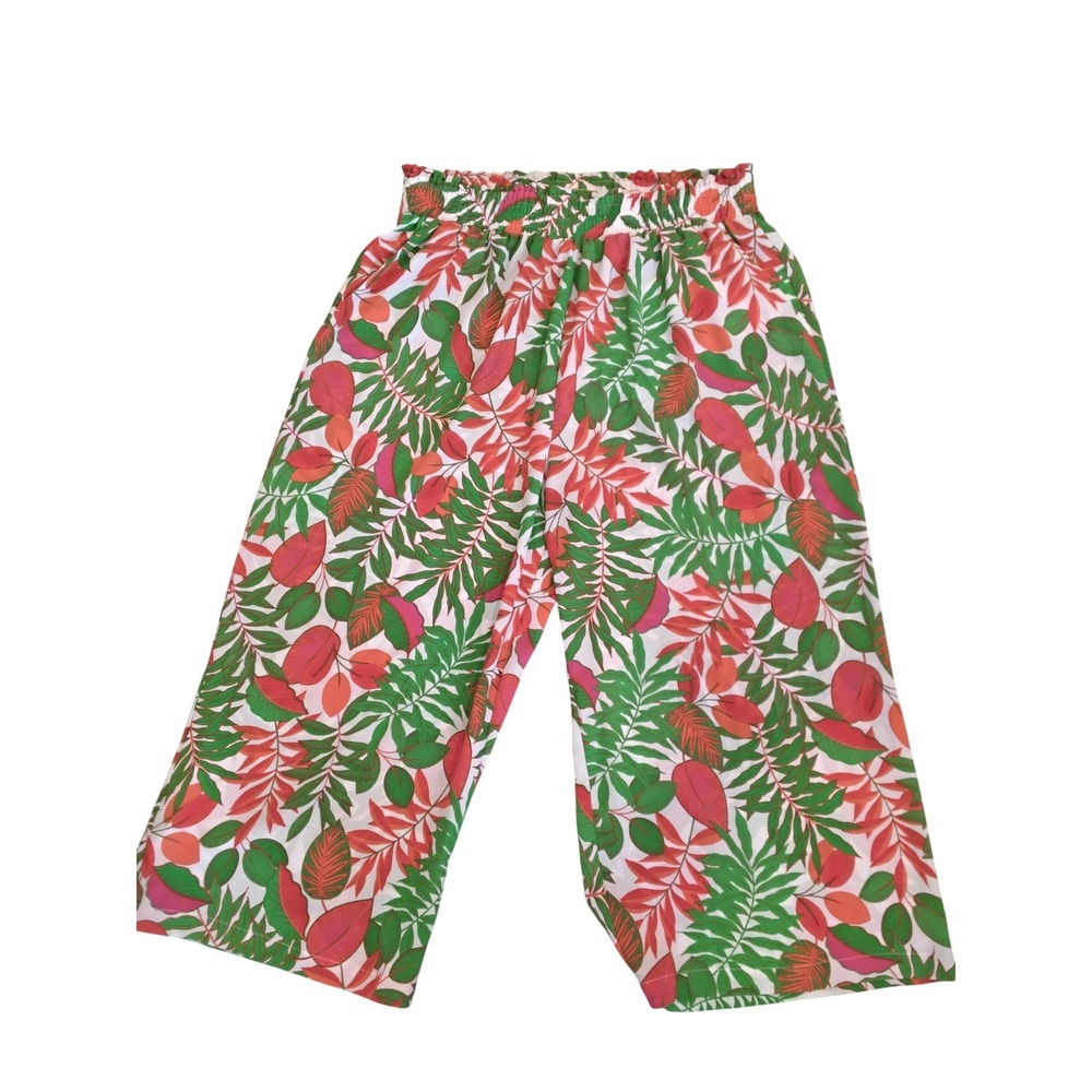 Rose + Olive Tropical Leaf Print Wide Leg Pants Womens 1X Green Pink Cropped